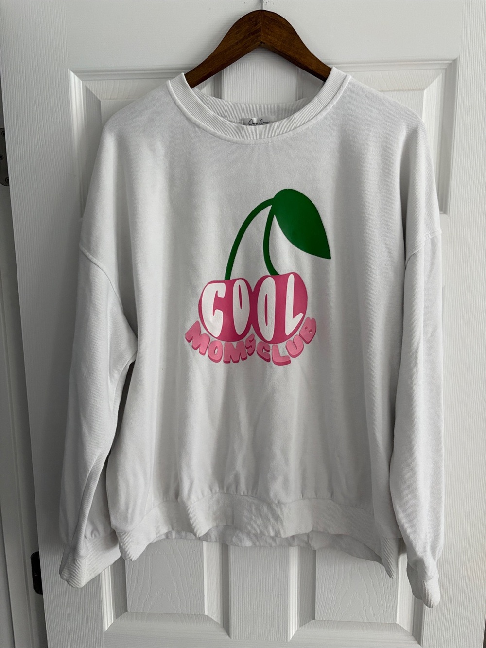 Cool Moms Club White Graphic Sweatshirt with Pink Cherry Design